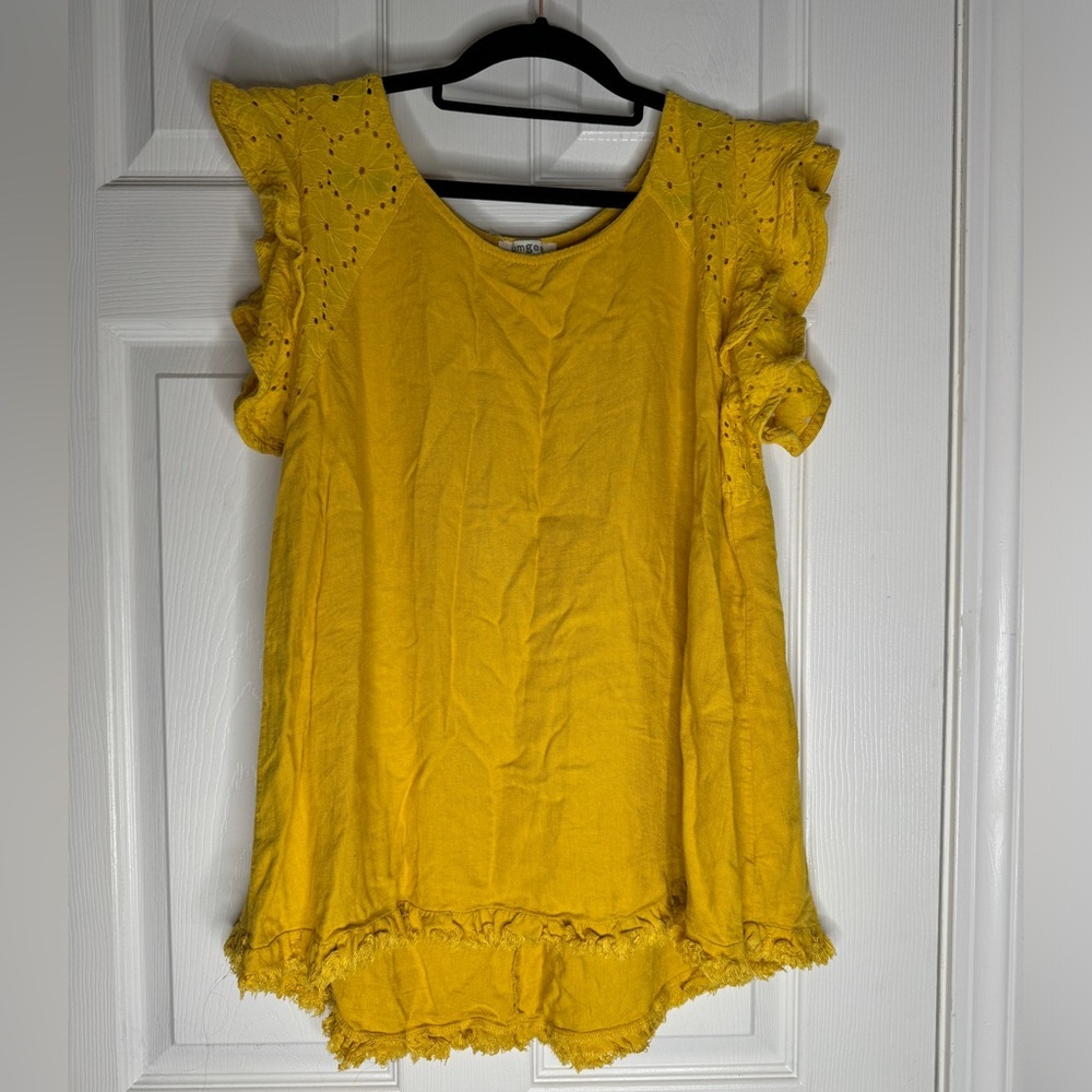 UMGEE Golden Yellow Linen Cotton Eyelet Raw‎ Hem Blouse Size Medium Boho Hippie